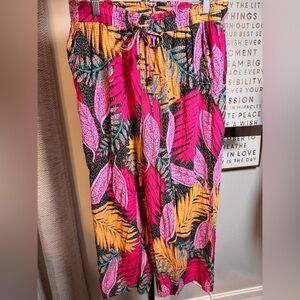 Tropical Leaf Print pants Hot Pink & Mustard